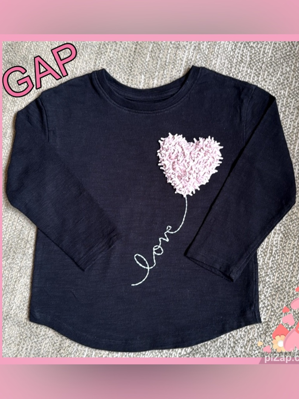 💗GAP Girls' Black Long-Sleeve Top with Pink Fluffy Heart Accent - Sz 4